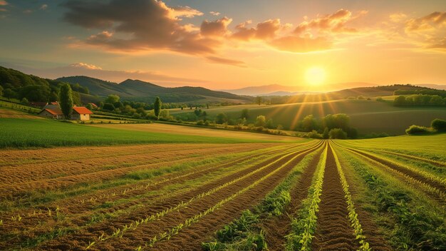 Le coucher de soleil sur les collines agricoles