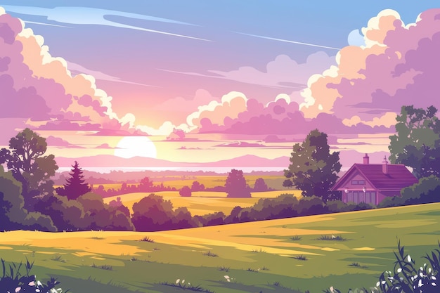 Le coucher de soleil sur les collines avec une maison de campagne