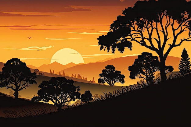 Coucher de soleil sur des collines avec des silhouettes d'arbres au premier plan créé avec une IA générative