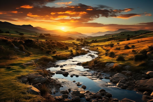 Le coucher de soleil sur les collines avec des teintes chaudes jetant de longues ombres