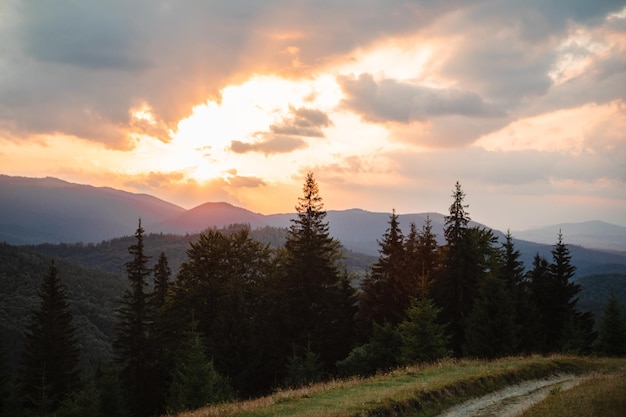 Coucher de soleil coloré au sommet de la montagne ukrainienne