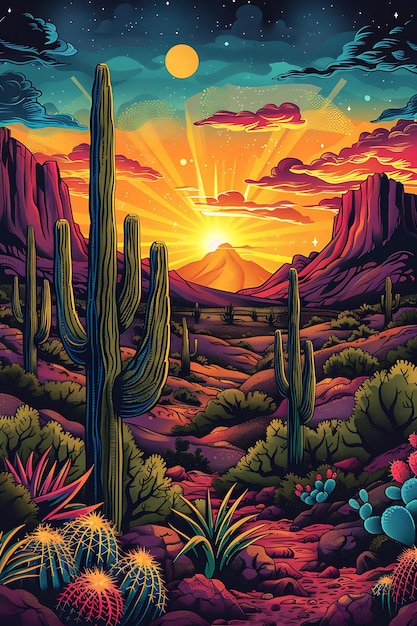 un coucher de soleil coloré avec des cactus et des caktus