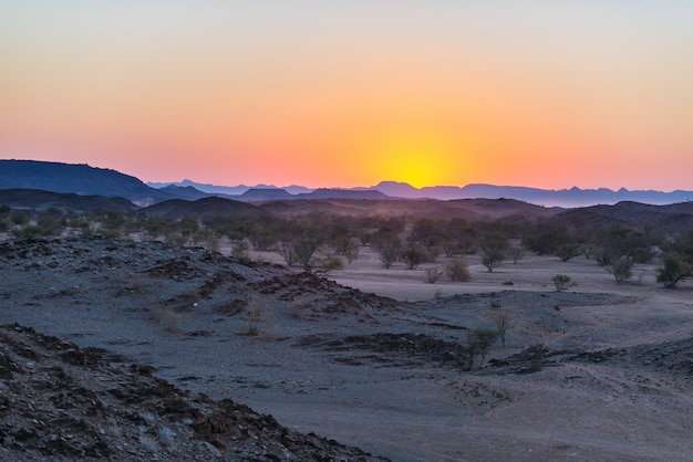 Coucher de soleil coloré sur le désert du Namib, Namibie, Afrique. Silhouette de montagnes, de dunes et d'acacias en contre-jour