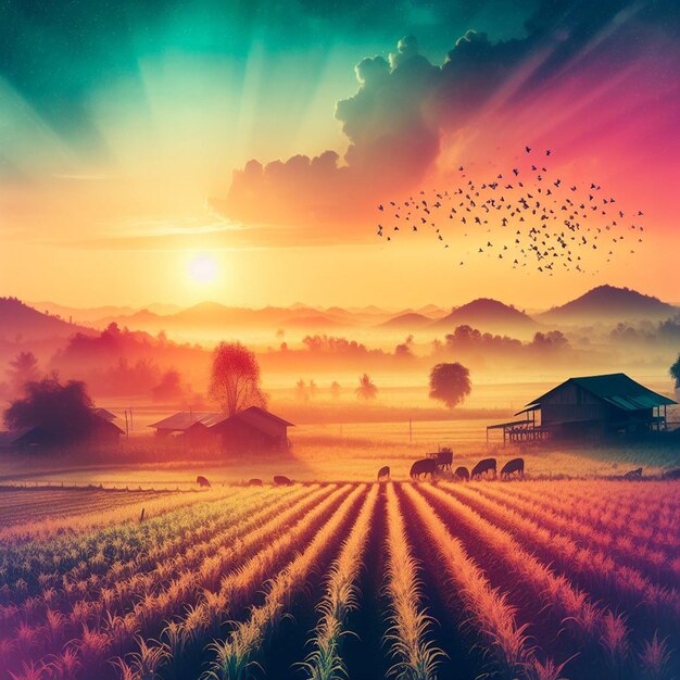 un coucher de soleil coloré avec une ferme et une ferme en arrière-plan