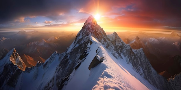 Un coucher de soleil coloré illumine une super montagne mythique vue du sommet de l'Everest Generative AI