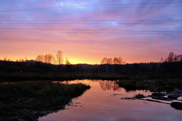 Coucher de soleil coloré sur le lac dans les bois