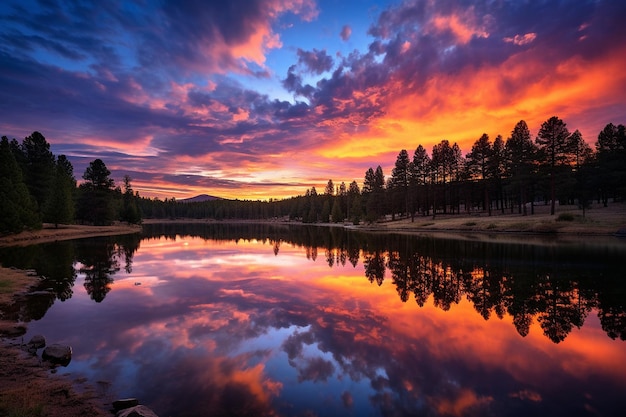 Un coucher de soleil coloré sur un lac de montagne