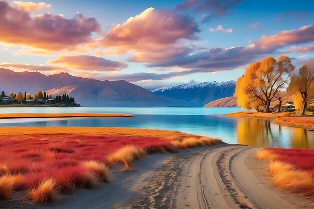 Photo un coucher de soleil coloré sur un lac avec des montagnes et des arbres en arrière-plan