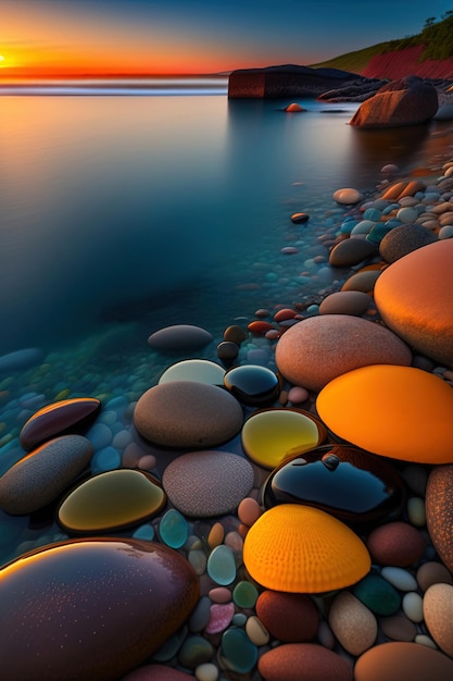 Un coucher de soleil coloré sur un lac avec des rochers et un bateau dans l'eau.