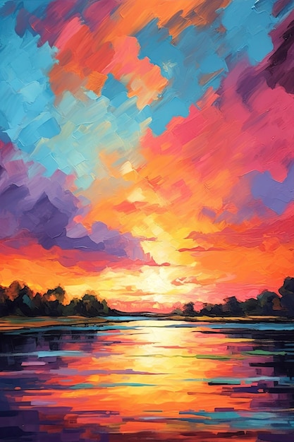 Un coucher de soleil coloré sur un lac