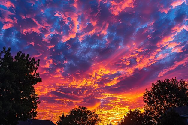 Un coucher de soleil coloré avec des nuages et des arbres au premier plan