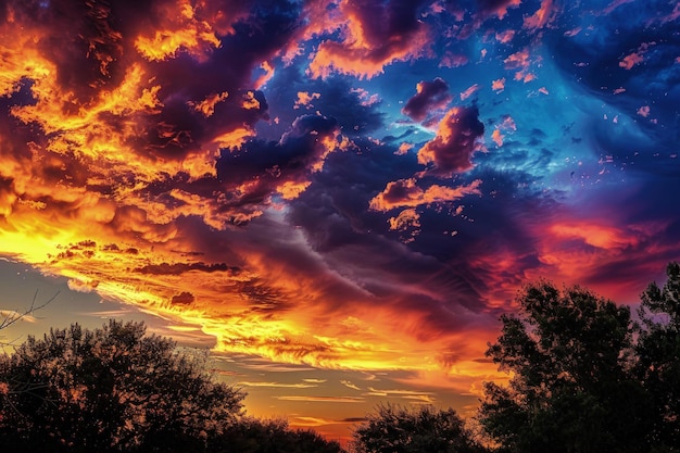 Un coucher de soleil coloré avec des nuages et des arbres au premier plan