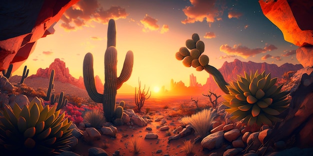 Un coucher de soleil coloré sur un paysage désertique avec des cactus et des rochers Generative AI
