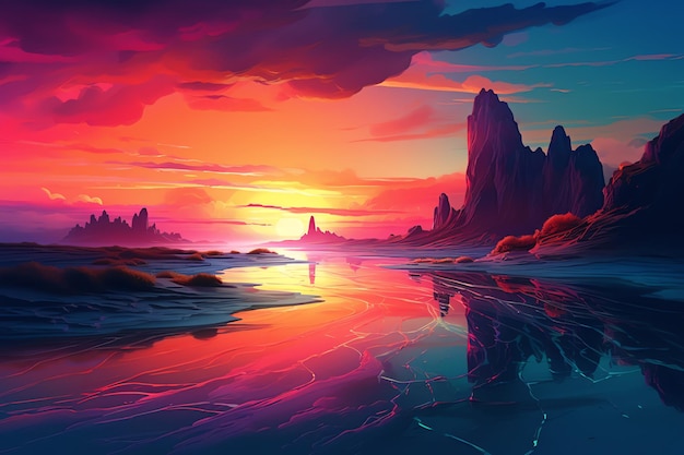 Un coucher de soleil coloré avec une plage rocheuse et des montagnes en arrière-plan.