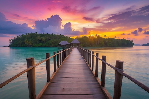 Le coucher de soleil coloré sur le pont du rêve à l'île de Koh Mak, province de Trat, Thaïlande