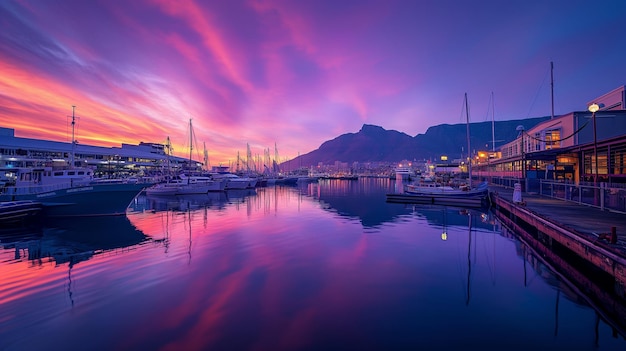 un coucher de soleil coloré sur un port avec des bateaux dans l'eau