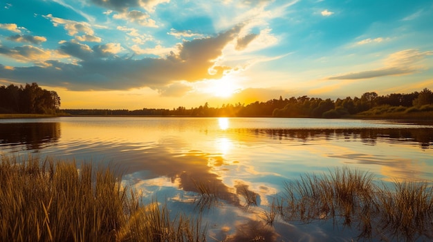 coucher de soleil sur la côte du lac paysage naturel nature dans le nord de l'Europe génératif Ai