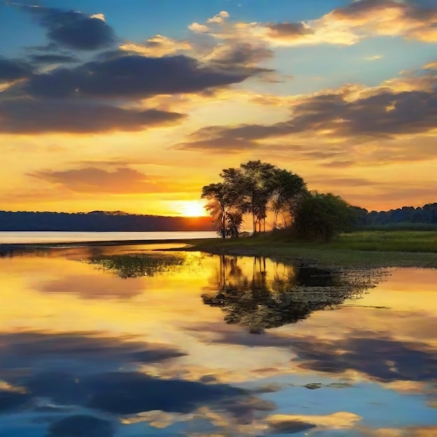 Le coucher de soleil sur la côte du lac Le reflet du paysage naturel Le ciel bleu et la lumière jaune du soleil