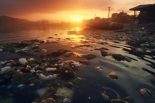 Le coucher de soleil sur la côte polluée révèle les dommages environnementaux