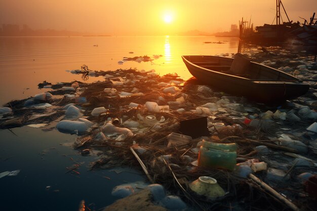 Le coucher de soleil sur la côte polluée révèle les dommages environnementaux