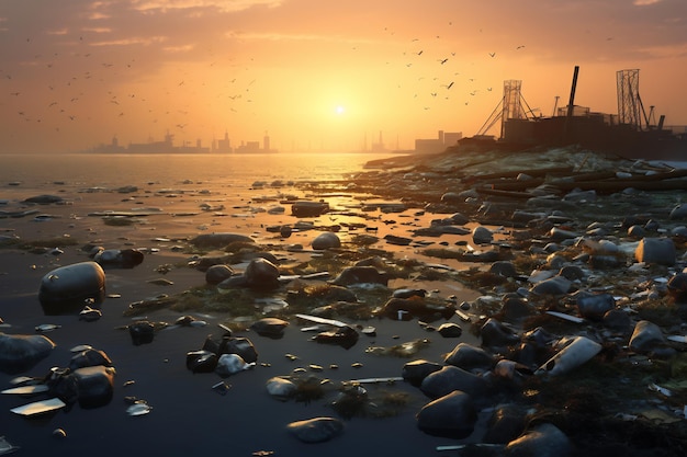 Le coucher de soleil sur la côte polluée révèle les dommages environnementaux