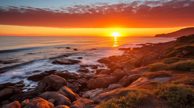 Le coucher de soleil de la côte rocheuse