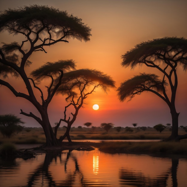 Photo un coucher de soleil avec un coucher de soleil et des arbres en arrière-plan