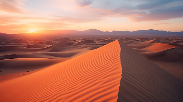 Le coucher de soleil à couper le souffle sur les majestueuses dunes de sable