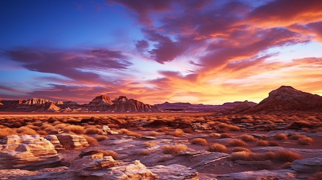 Un coucher de soleil à couper le souffle sur les montagnes du désert
