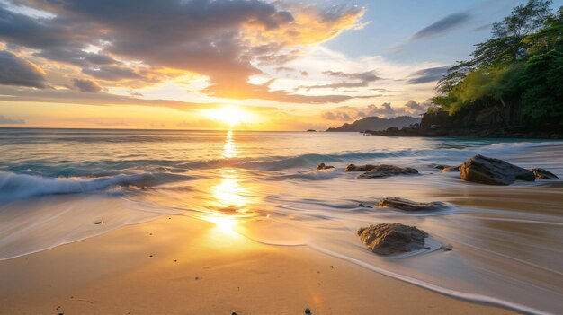 Un coucher de soleil à couper le souffle peint le ciel dans des teintes vibrantes jetant une lueur chaude sur une plage sereine La scène tranquille capture magnifiquement l'harmonie de la nature et l'importance de l'environnement