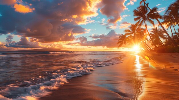 Un coucher de soleil à couper le souffle sur une plage tropicale avec des silhouettes de palmiers