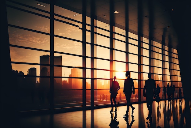 Coucher de soleil dans les bureaux d'affaires silhouette de cadres marchant dans les couloirs à la lumière de leurs entreprises générées par Ai