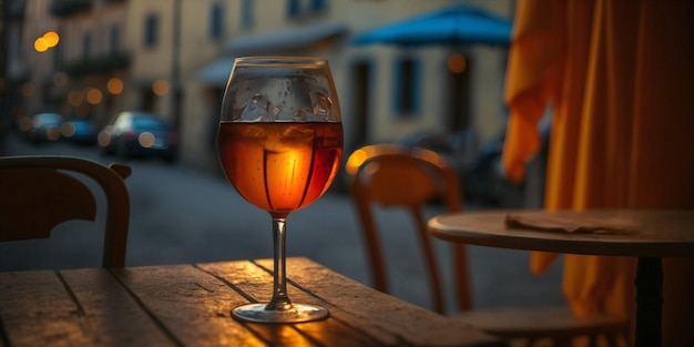 coucher de soleil dans le café de la rue de la ville deux verres de vin sur la table le soir d'été bougies de la ville lumière floue