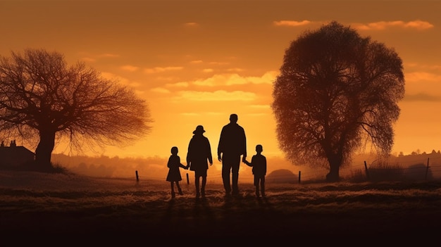 coucher de soleil dans la campagne silhouetting famille main dans la main