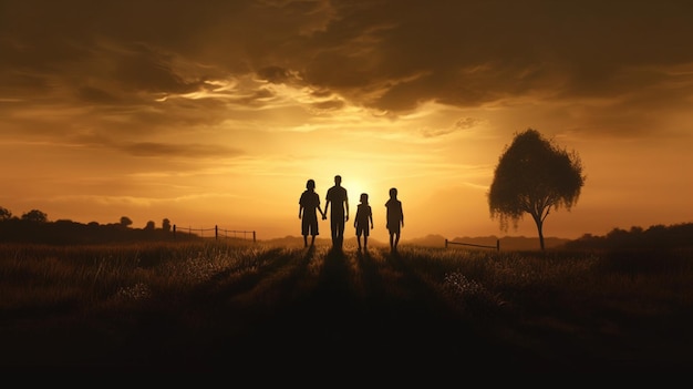 coucher de soleil dans la campagne silhouetting famille main dans la main