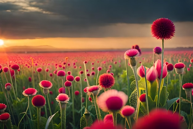 coucher de soleil dans un champ de fleurs roses
