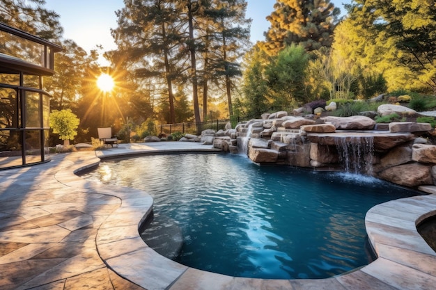 Coucher de soleil dans la cour arrière de la piscine Générer Ai