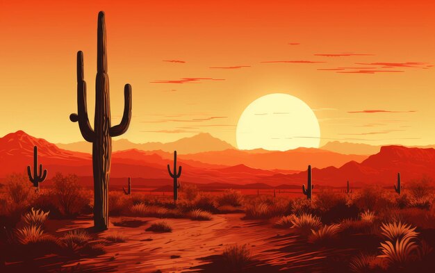 Le coucher de soleil dans le désert avec des cactus au premier plan