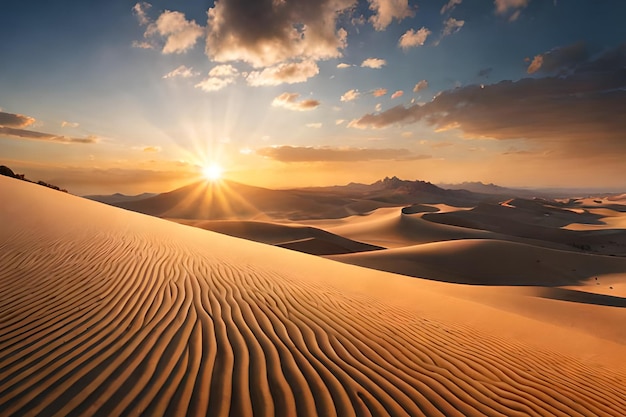 Un coucher de soleil dans le désert avec le coucher de soleil sur les dunes