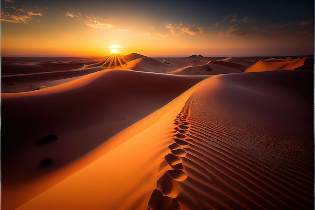 Un coucher de soleil dans le désert avec des empreintes de pas dans le sable