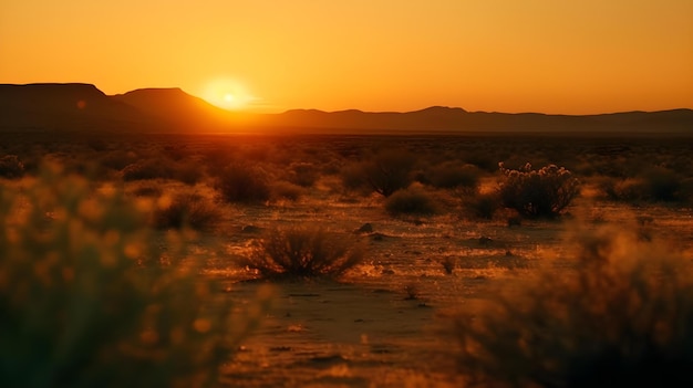 Coucher de soleil dans le désert avec des montagnes en arrière-plan