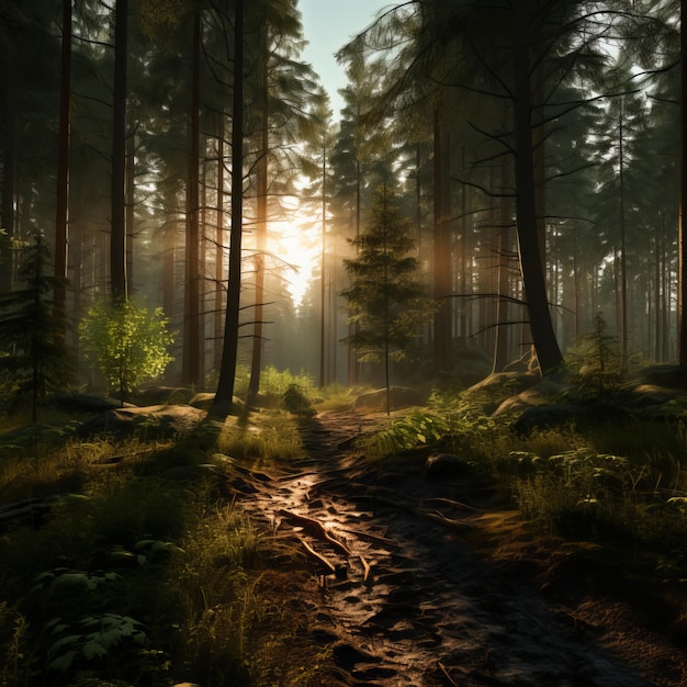 Le coucher de soleil dans la forêt 3D rend la composition de la nature