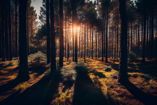 Coucher de soleil dans la forêt belle nature backgroundgenerative ai