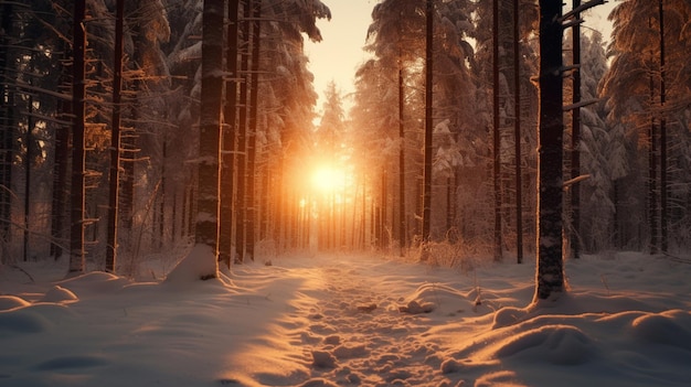 Un coucher de soleil dans la forêt en hiver