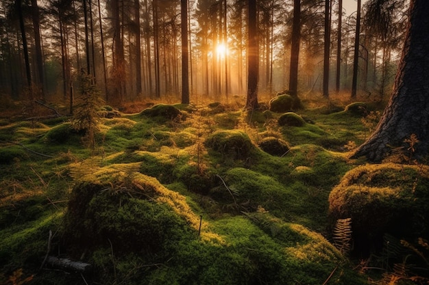 Coucher de soleil dans la forêt de pins Moss Nature background