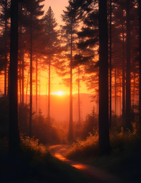 Photo un coucher de soleil dans une forêt de pins avec une route menant à l'horizon.