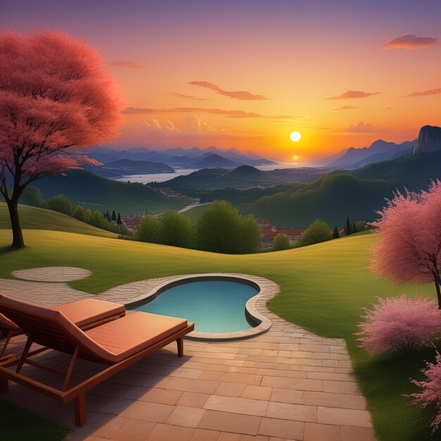 coucher de soleil dans le jardin coucher de Soleil dans le jardin3 d rendu du jardin le soir