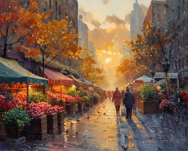 Le coucher de soleil dans un marché en plein air animé avec des vendeurs et des acheteurs