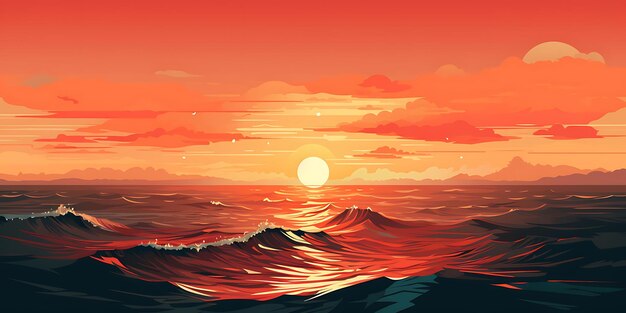 Le coucher de soleil dans la mer avec des vagues et des nuages illustration