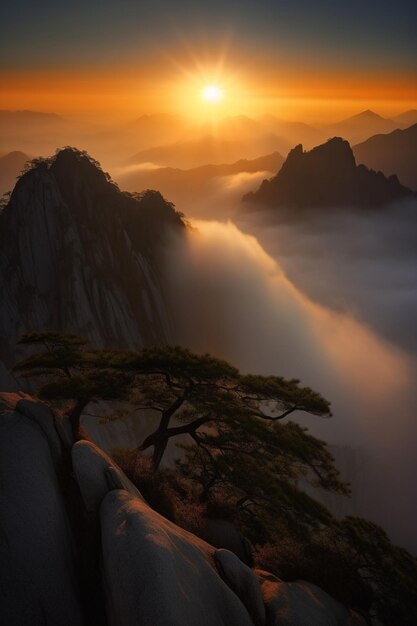 Coucher de soleil dans les montagnes, Chine